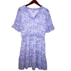 JOY JOY Floral V Neck Ruffle Dress Size Large in Blue Rose Print